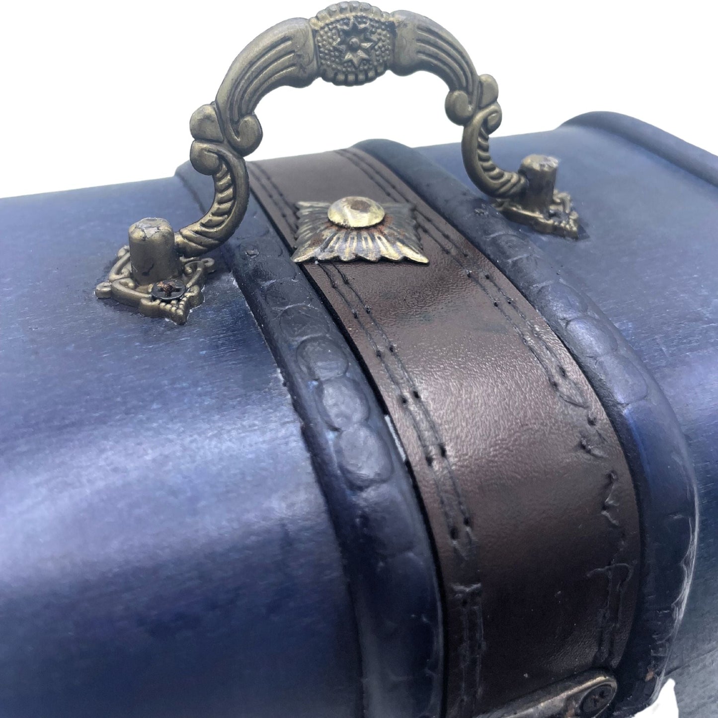 Teal MDF & Metal Vintage Style Boxes – Set of 2 close-up of teal vintage box lid with metal handle and faux leather strap