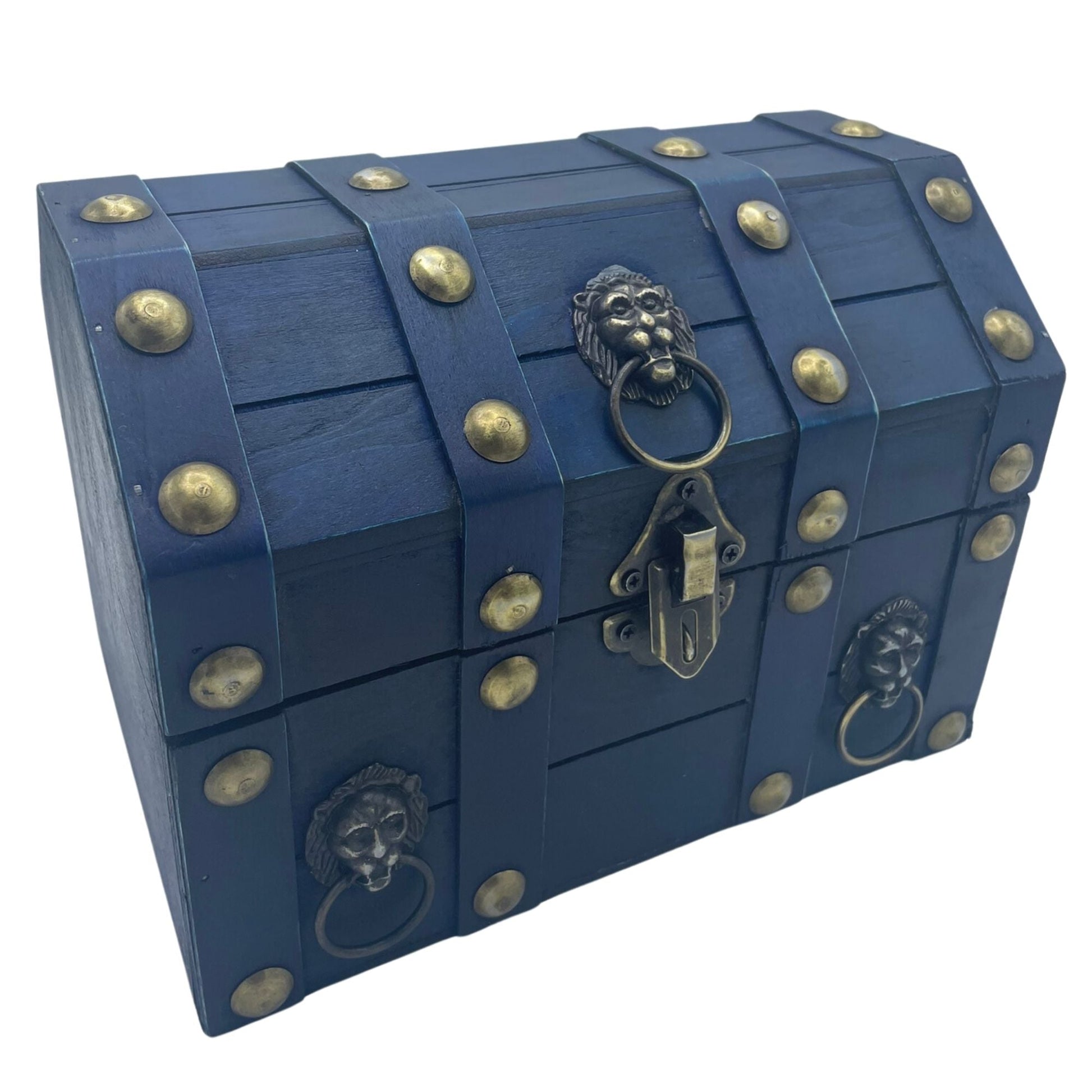 Teal MDF Vintage Chest – 21x15.5x16 CM, vintage-style storage chest with metal studs, latch and lion head ring handles