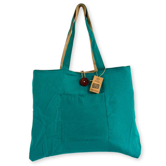 Teal Reversible Jute & Cotton Bag – 49x40 CM teal tote bag with long straps, front pocket and tag
