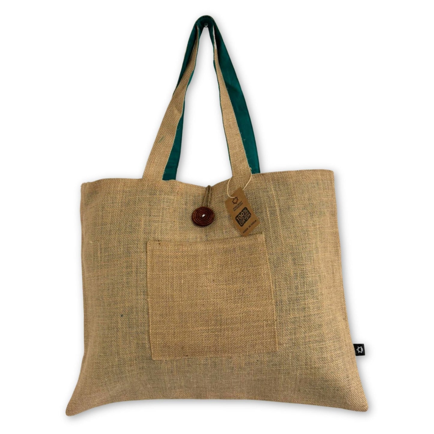 Teal Reversible Jute & Cotton Bag – 49x40 CM tote bag with teal handles, natural jute body and front pocket