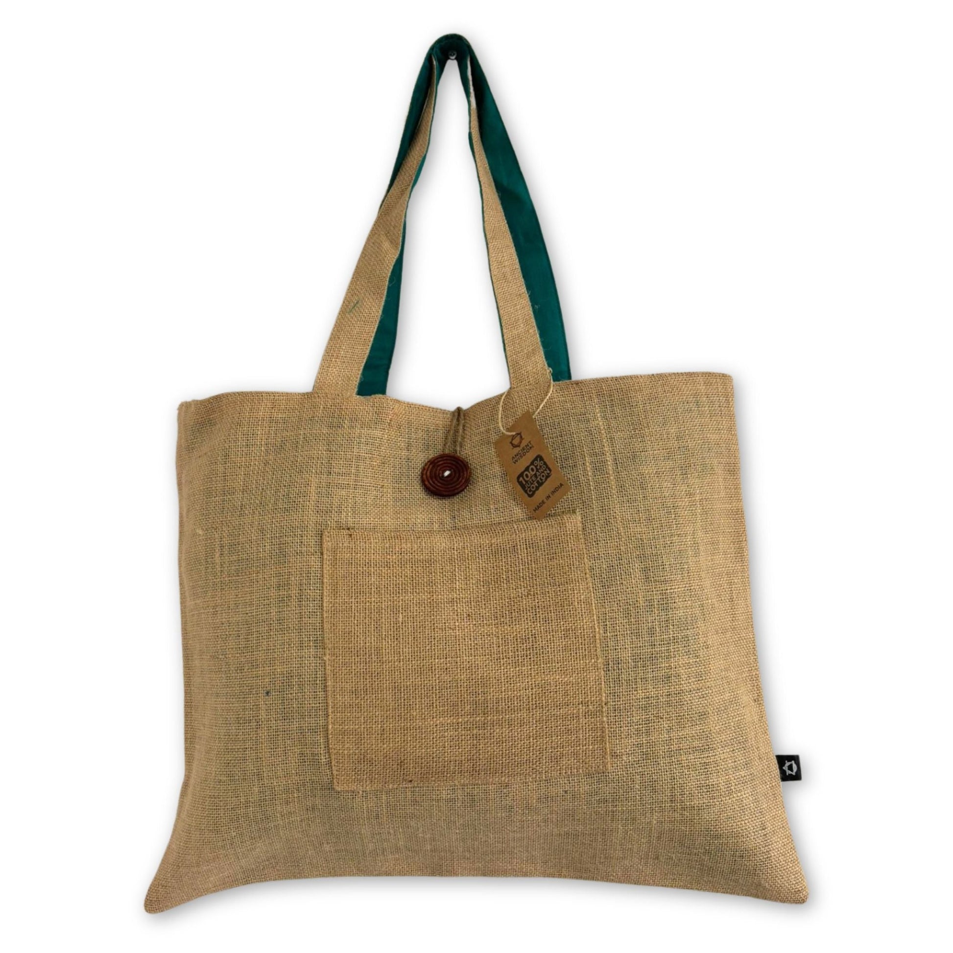 Teal Reversible Jute & Cotton Bag – 49x40 CM tote bag with teal handles, natural jute body and front pocket