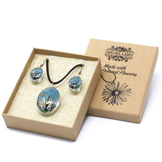 Teal Tree of Life Necklace – Glass & Flowers, set con colgante de vidrio con flores prensadas y aretes a juego en caja regalo