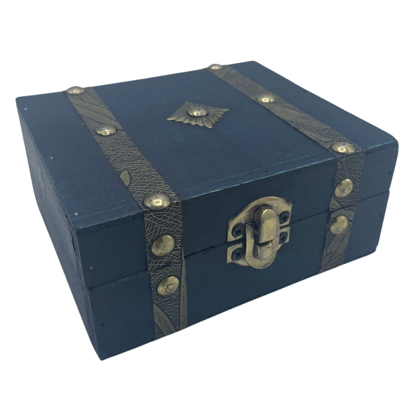 Teal Vintage Box – 13x5.8x11 CM, MDF storage box with metal latch and decorative straps, vintage teal finish