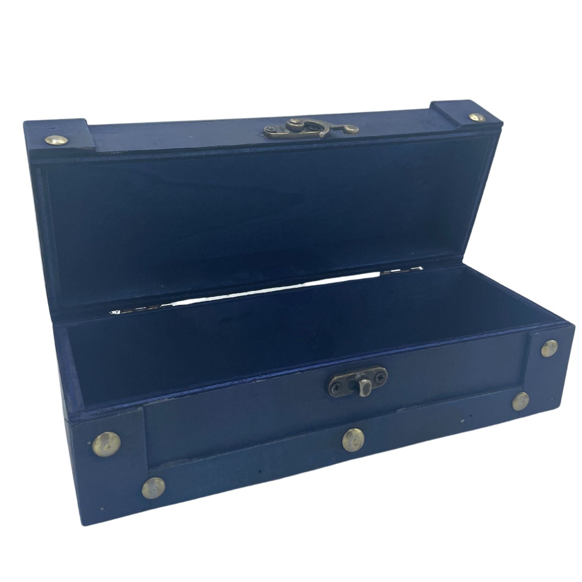 Teal Vintage Tea Chest – 21.5x8.5x7 CM open teal vintage-style MDF and metal tea storage box with latch and rivet details