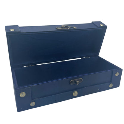 Teal Vintage Tea Chest – 21.5x8.5x7 CM open teal vintage-style MDF and metal tea storage box with latch and rivet details