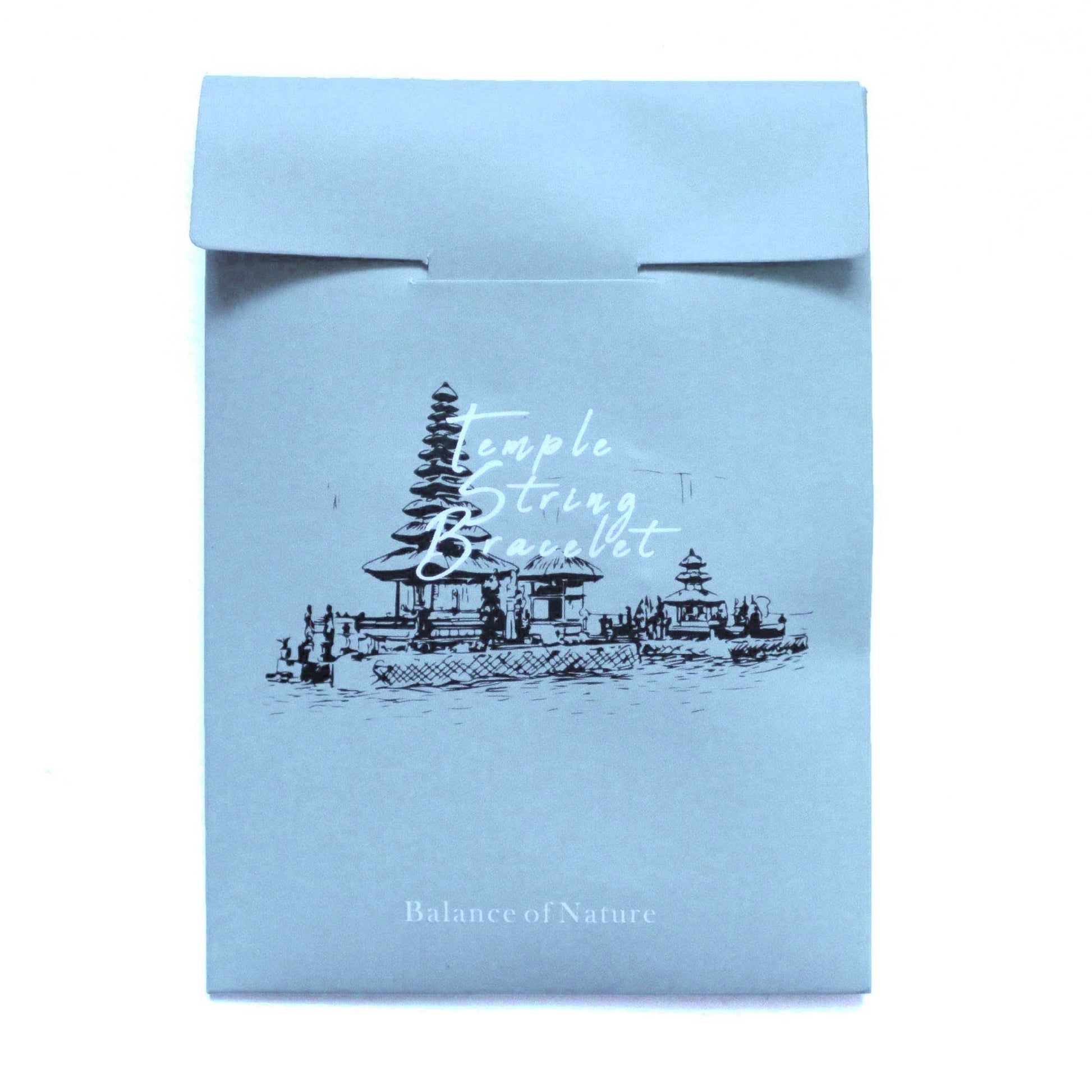 String & Beads Temple Bracelet – Balance of Nature packaging, Temple String Bracelet envelope with black temple illustration