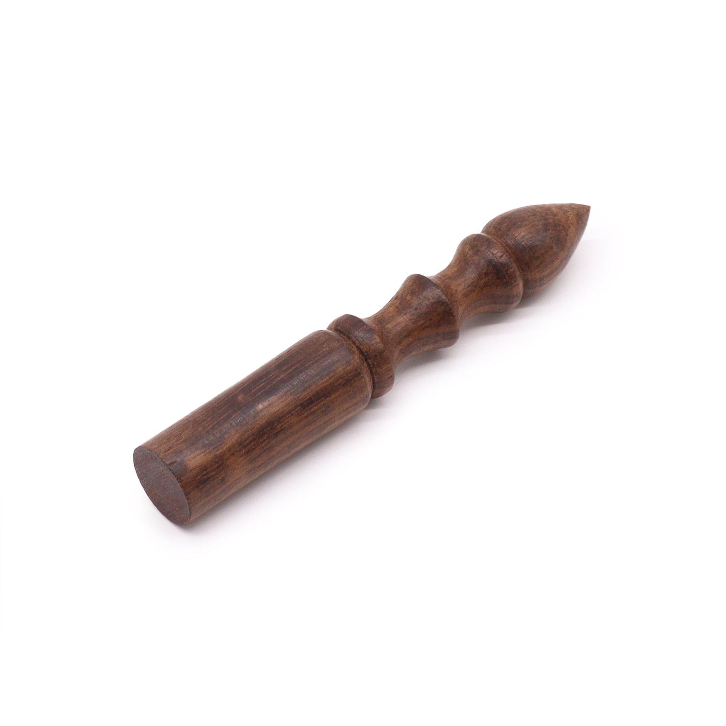Terminalia Wood Singing Bowl Mallet – 12 CM wooden mallet with carved handle, dark brown finish, isolated on white background