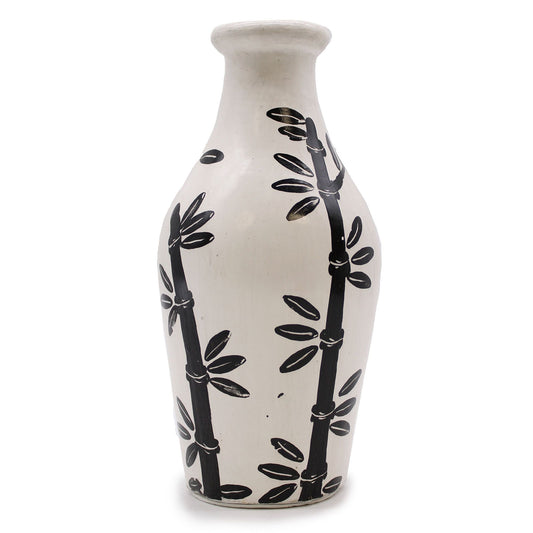 Alt Tag: Terracotta Bamboo Motif Vase – 30x14 CM, terracotta vase with black bamboo motif, handcrafted home decor
