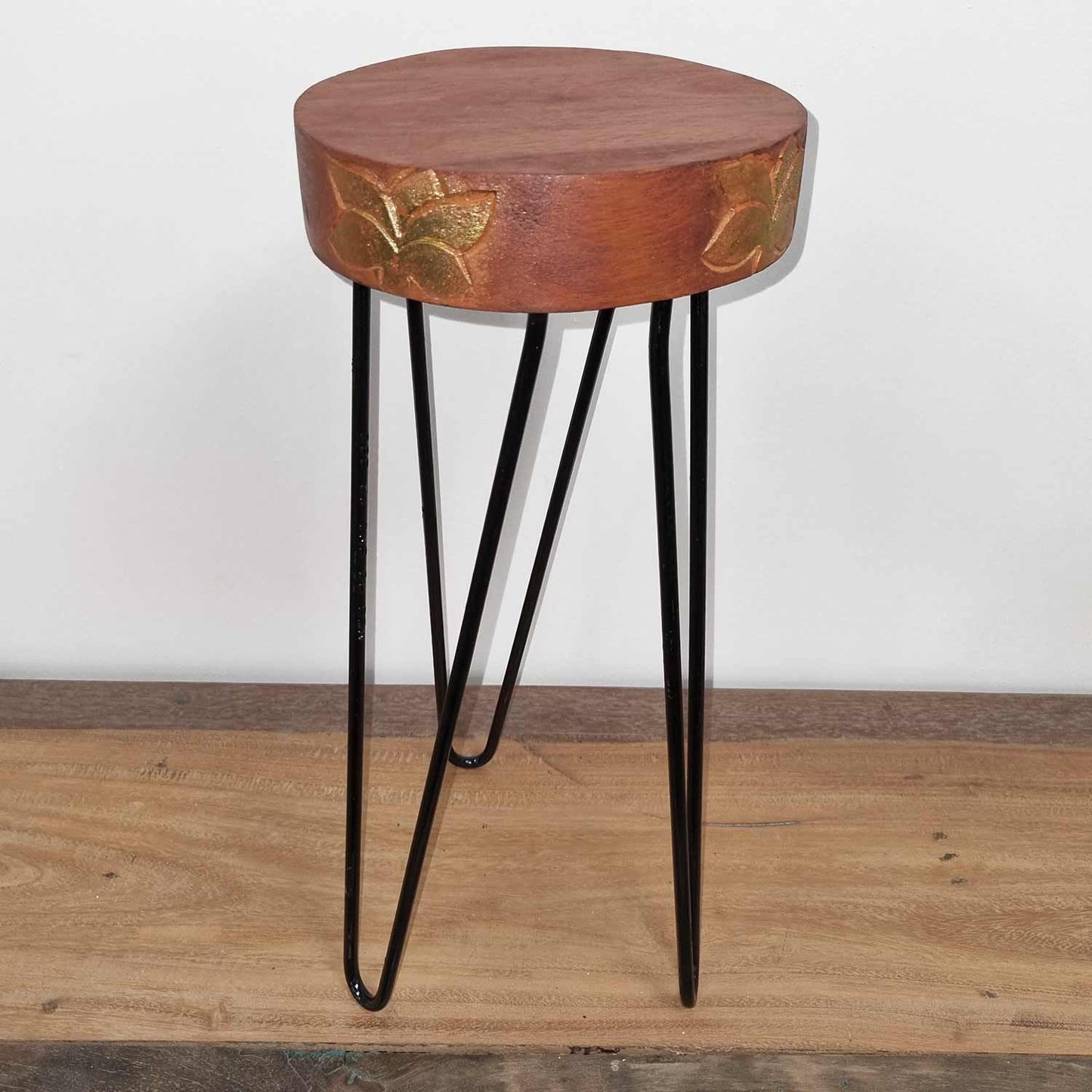 Alt Tag: Terracotta & Black Albasia Wood Plant Stand – 19.5x46 CM with round terracotta top and black metal legs