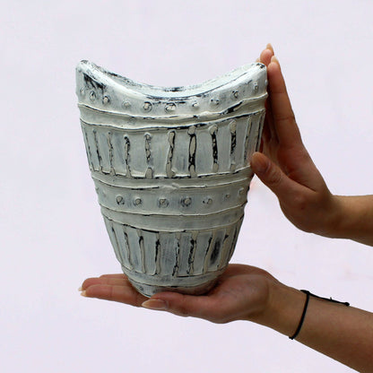 Terracotta Ceramic Vase – Cream 22CM held in hands, wide-neck cream terracotta ceramic vase with textured bands