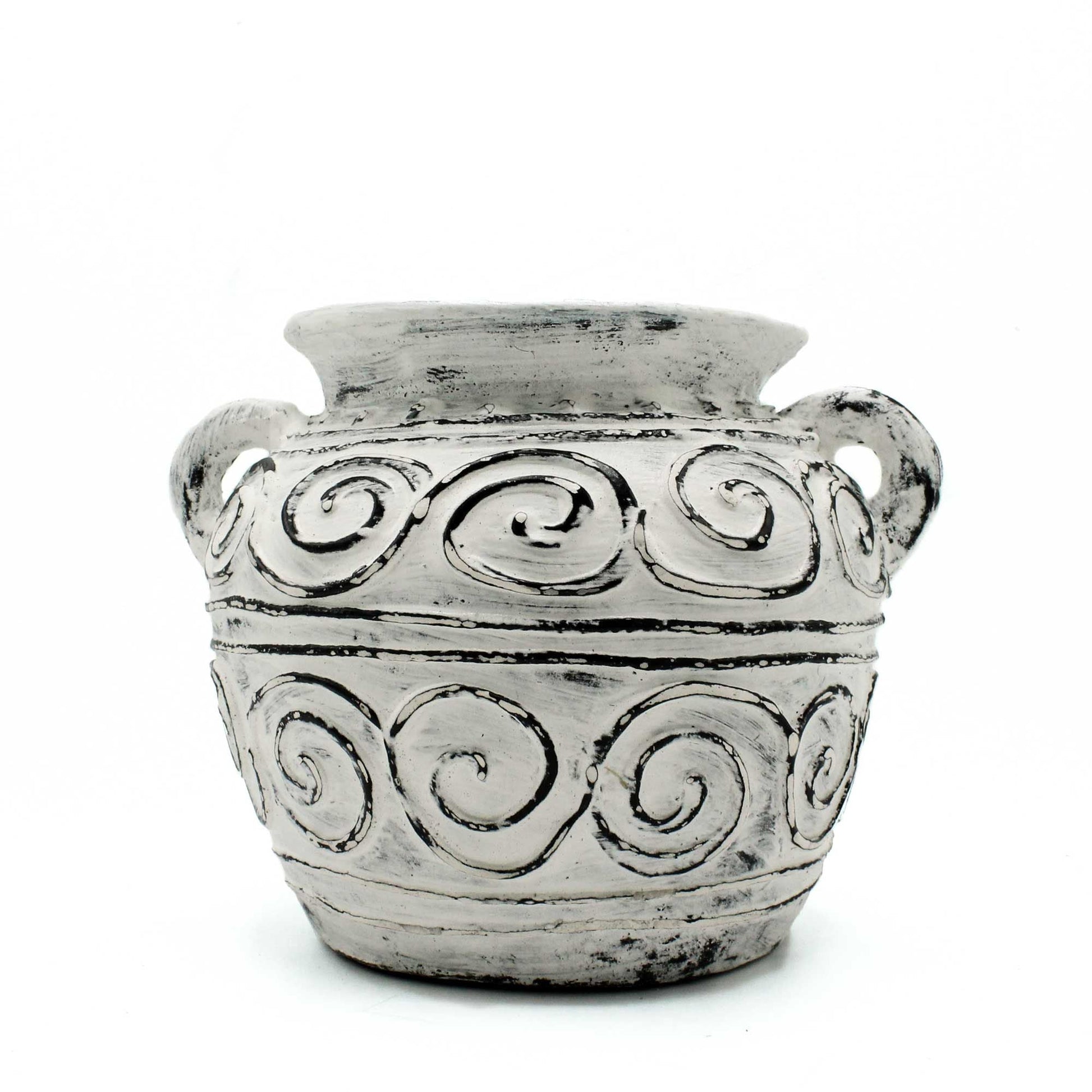 Terracotta Greek Plant Pot – Cream 15CM cream terracotta planter with dual handles and swirl relief design, 15cm