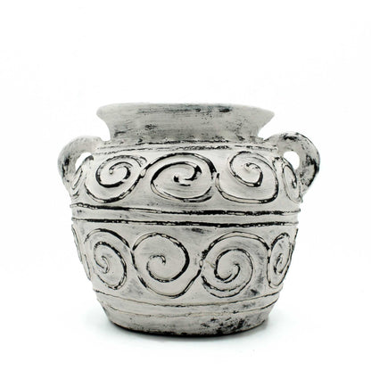 Terracotta Greek Plant Pot – Cream 15CM cream terracotta planter with dual handles and swirl relief design, 15cm