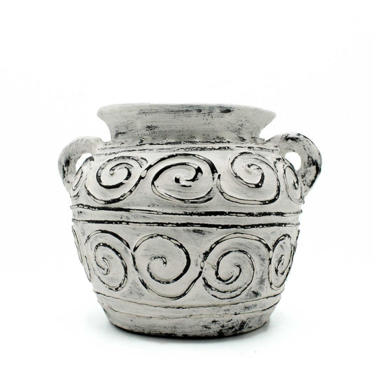 Terracotta Greek Plant Pot – Cream 15CM cream terracotta planter with dual handles and swirl relief design, 15cm