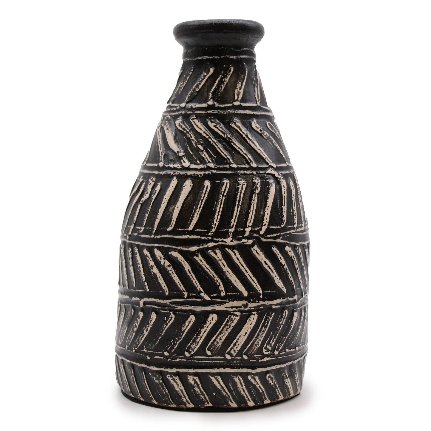 Terracotta Greek Taper Vase – 31x15 CM, jarrón de terracota color chocolate con diseño tallado en relieve y forma cónica