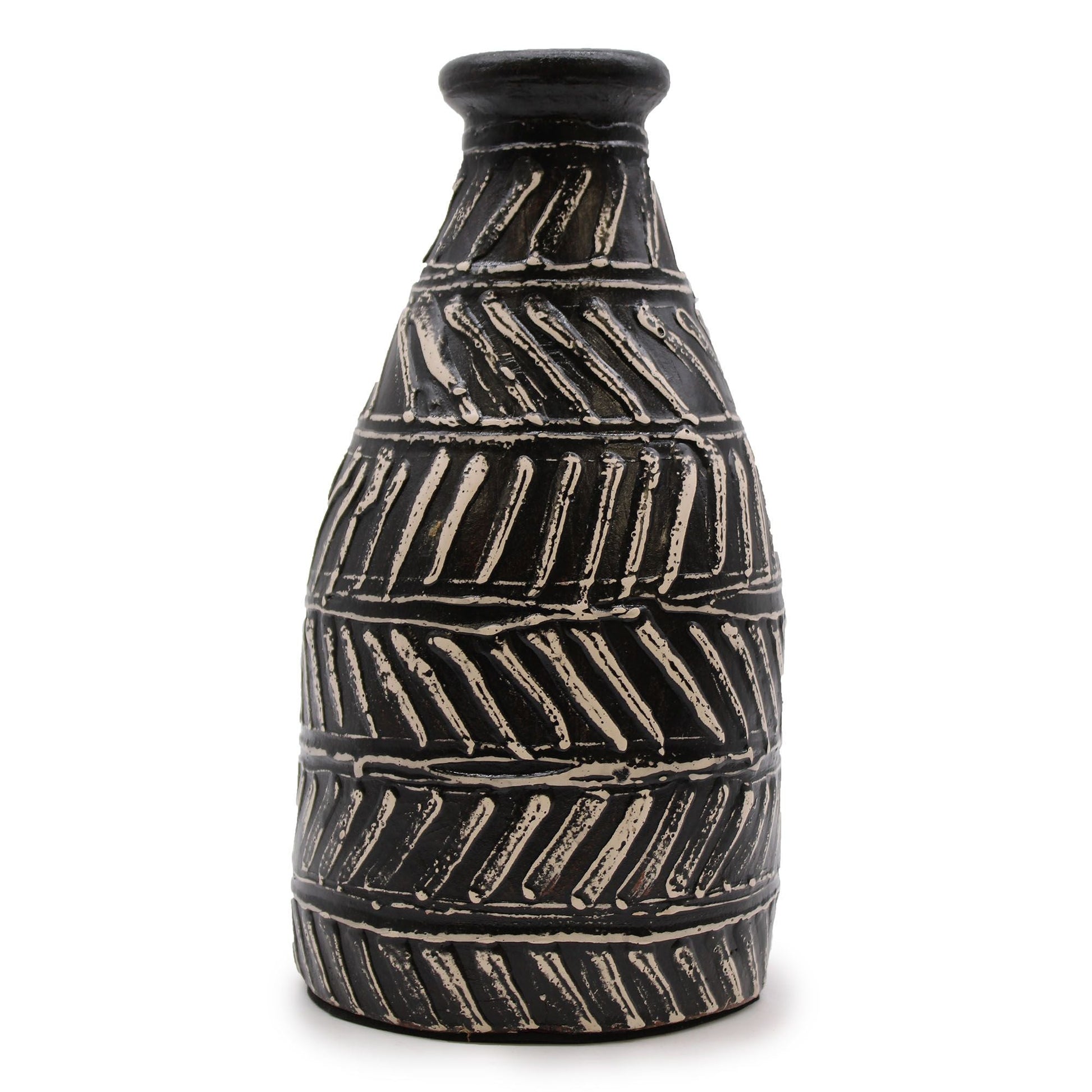 Terracotta Greek Taper Vase – 31x15 CM, jarrón de terracota color chocolate con diseño tallado en relieve y forma cónica