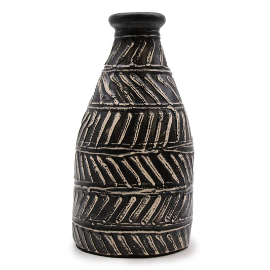 Terracotta Greek Taper Vase – 31x15 CM, jarrón de terracota color chocolate con diseño tallado en relieve y forma cónica