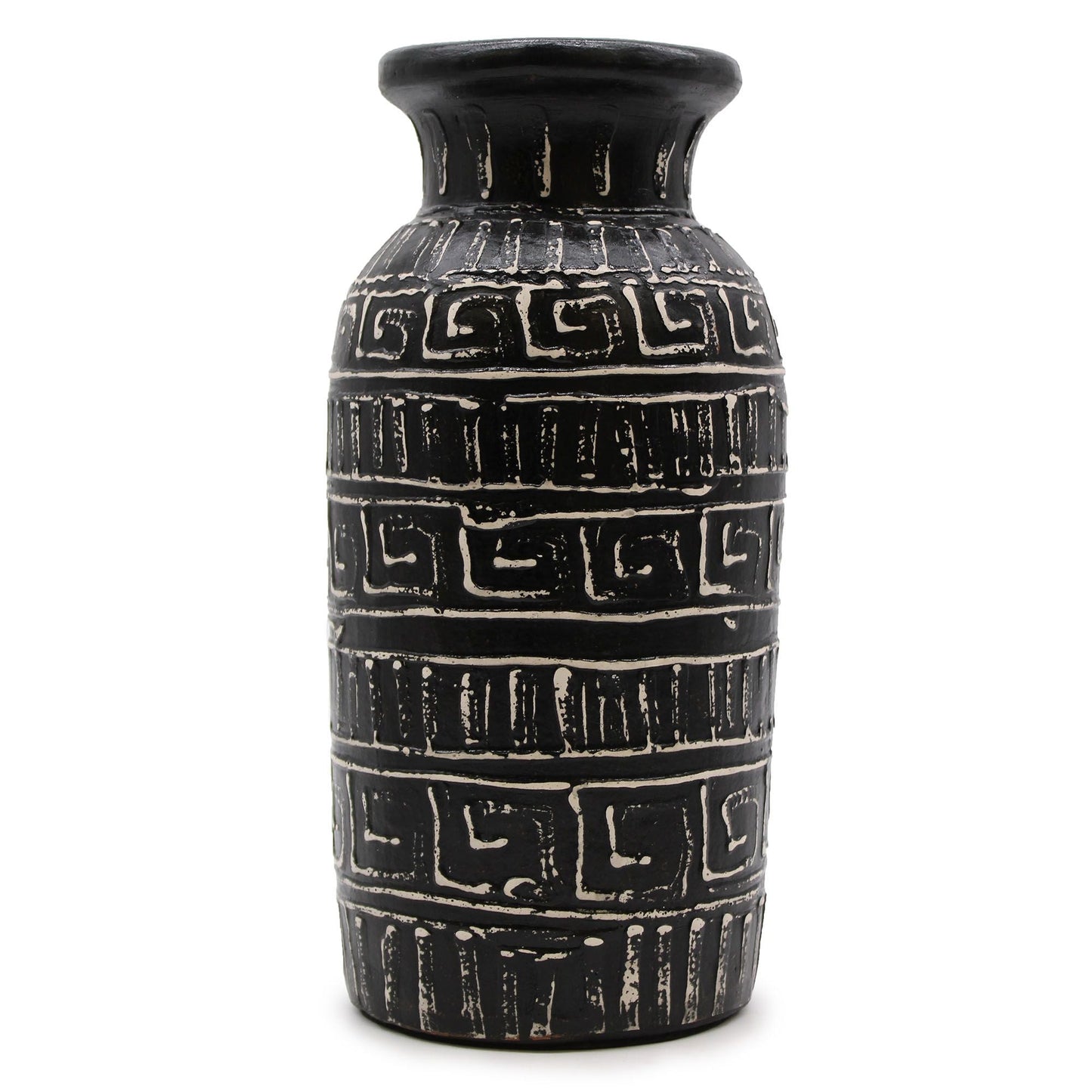 Terrakotta-Griechische Vase – 32x15 CM, dekorative schwarze Terrakotta-Vase mit geometrischem griechischem Muster, handgefertigt