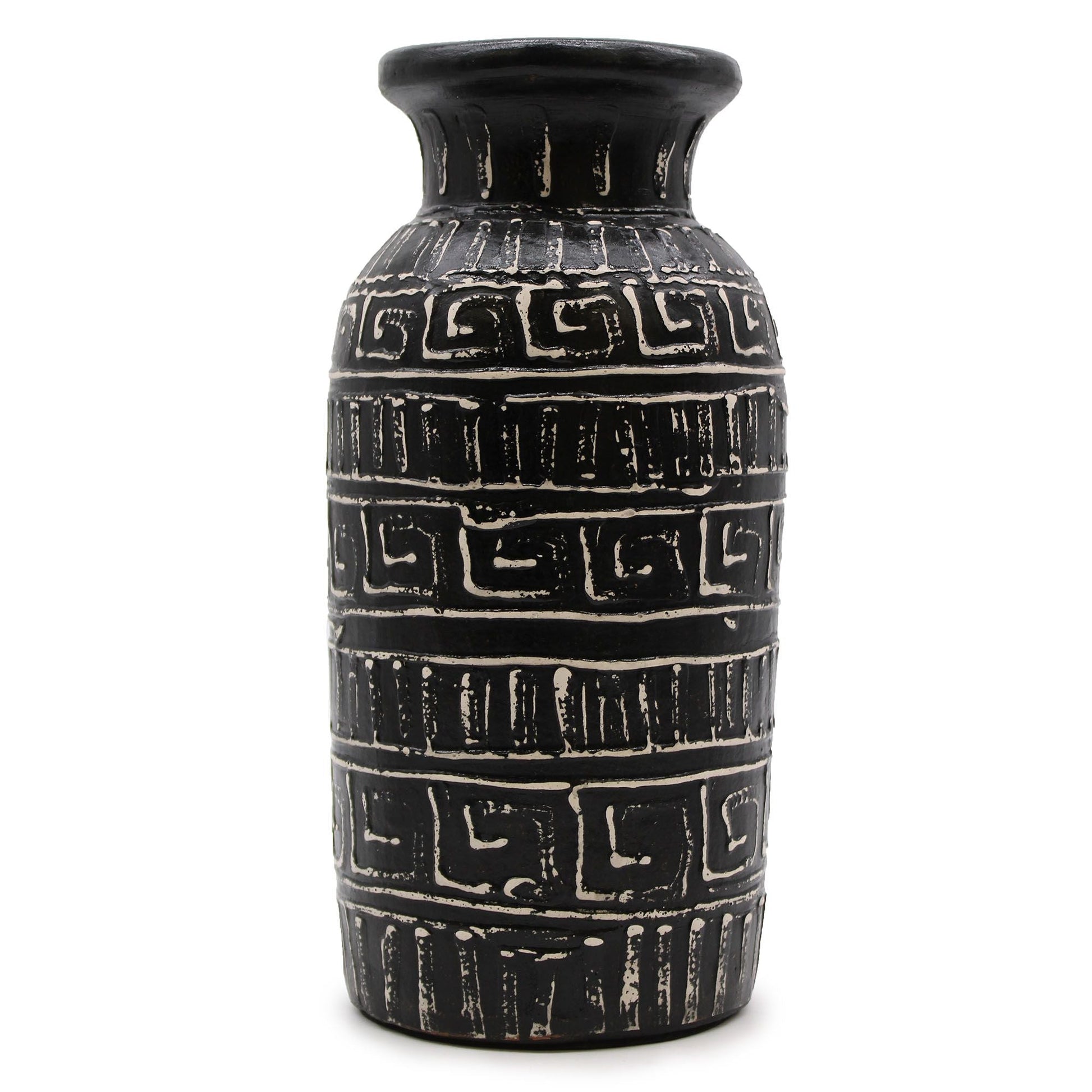 Terrakotta-Griechische Vase – 32x15 CM, dekorative schwarze Terrakotta-Vase mit geometrischem griechischem Muster, handgefertigt