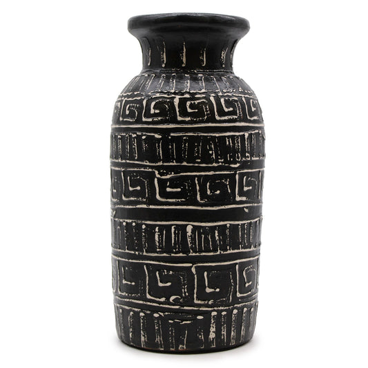 Terracotta Greek Vase – 32x15 CM, jarrón decorativo de terracota negro con patrón griego geométrico, hecho a mano