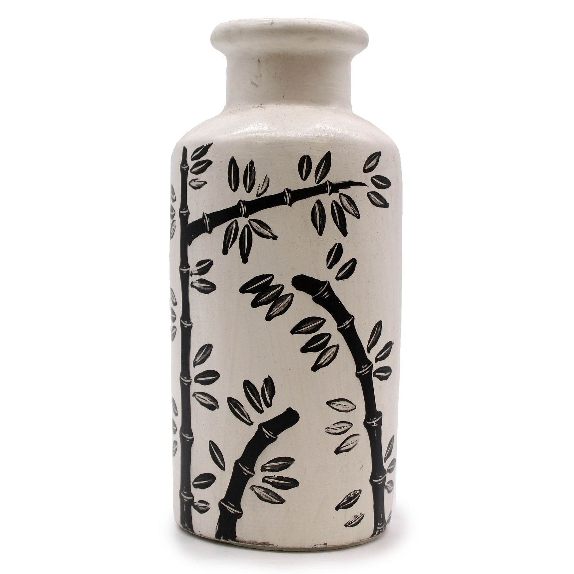 Alt Tag: Terracotta Motif Vase – 32x14 CM, handcrafted terracotta ceramic vase with bamboo motif design, home decor accent