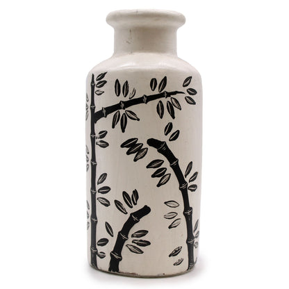 Alt Tag: Terracotta Motif Vase – 32x14 CM, handcrafted terracotta ceramic vase with bamboo motif design, home decor accent