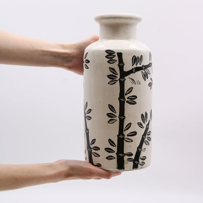 Terracotta Motif Vase – 32x14 CM, ceramic vase with bamboo motif in black and white, handcrafted decor accent