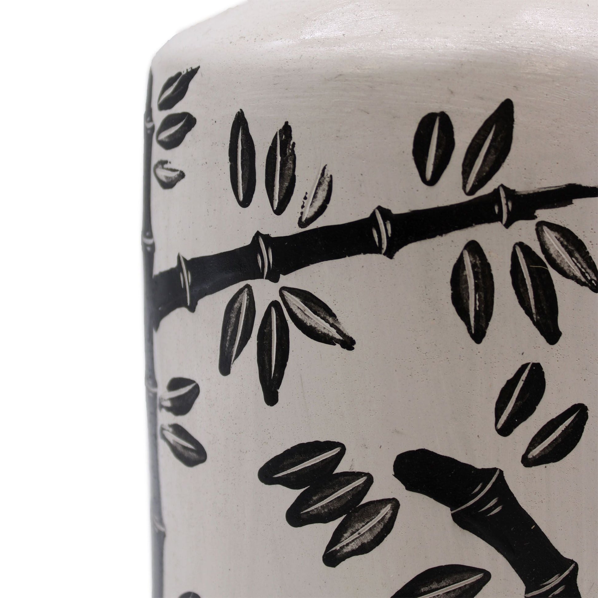 Terracotta Motif Vase – 32x14 CM close-up, handcrafted terracotta ceramic vase with black bamboo motif on light background