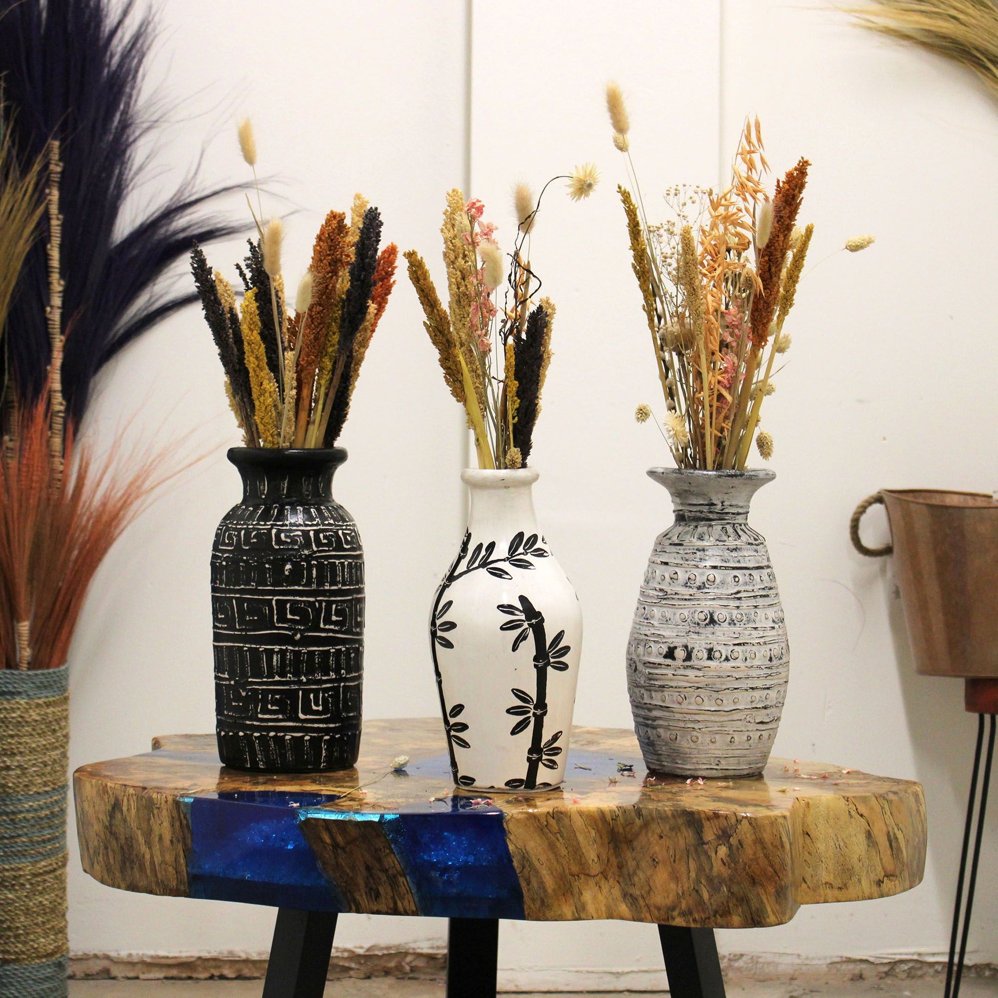 Terracotta Motif Vase – 32x14 CM with bamboo motif, handcrafted terracotta ceramic vase displayed with dried flowers on wooden table