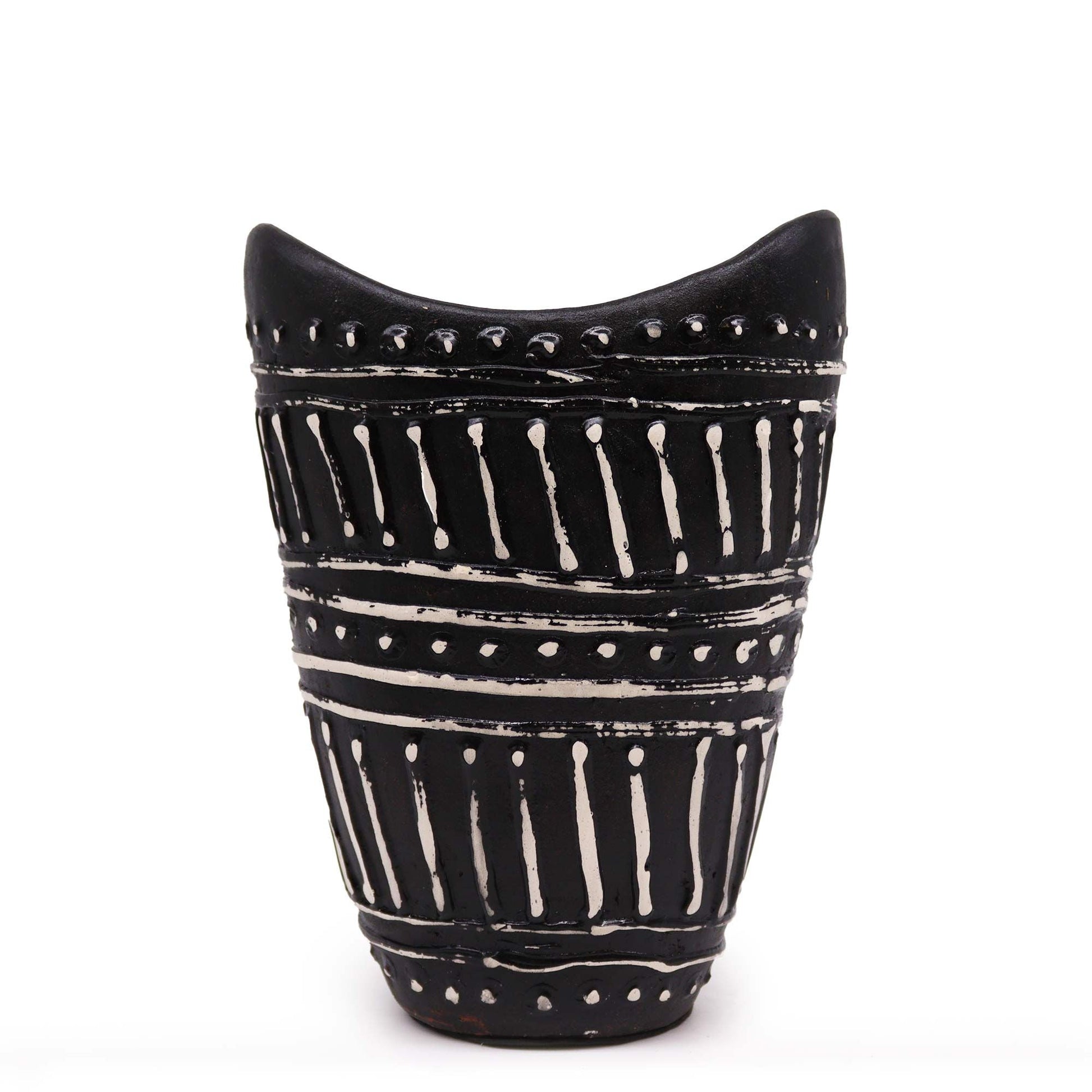 Terracotta Swirl Vase – 16.5x23.5 CM, black terracotta vase with white swirl stripe pattern and sculptural rim
