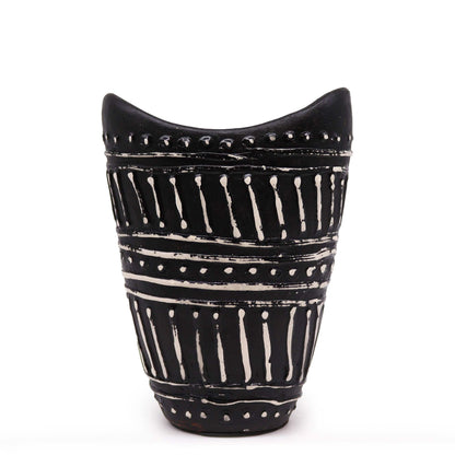 Terracotta Swirl Vase – 16.5x23.5 CM, black terracotta vase with white swirl stripe pattern and sculptural rim