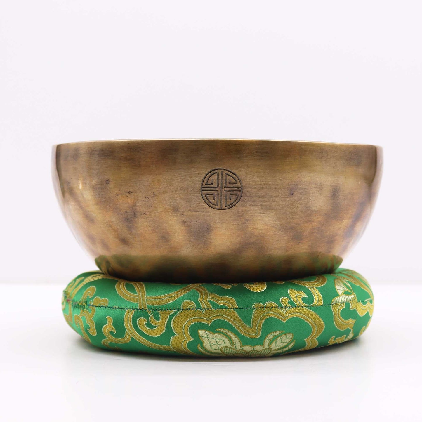 Alt Tag: Textile Hoop Cushion – 20CM for 22-26CM Bowls, green textile hoop cushion stand with brass singing bowl