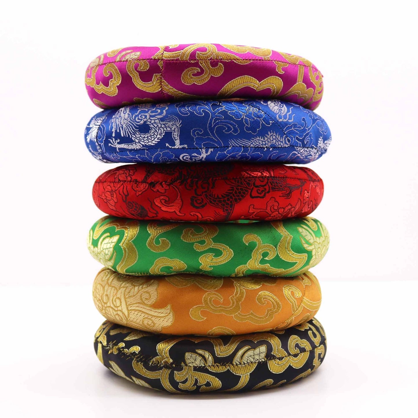 Alt Tag: Textile Polyester Hoop Cushion – 16CM stack of colorful patterned hoop cushions for 18-20CM singing bowl support