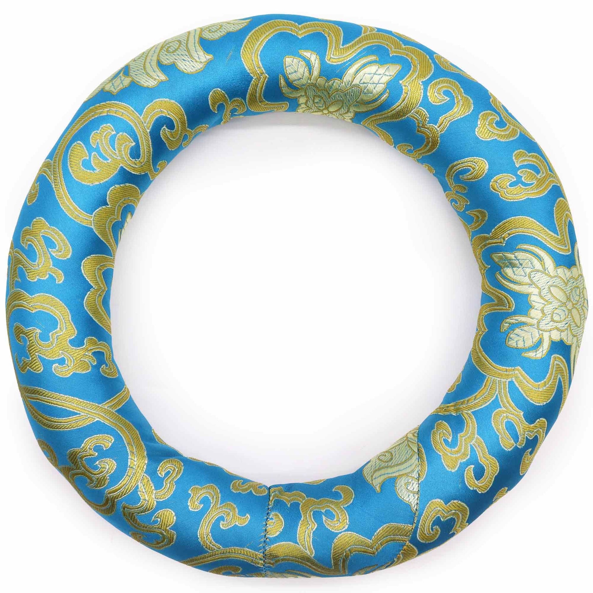 Alt Tag: Textile Polyester Hoop Cushion – 24CM blue and gold brocade ring cushion stand for large singing bowls, handcrafted in Nepal