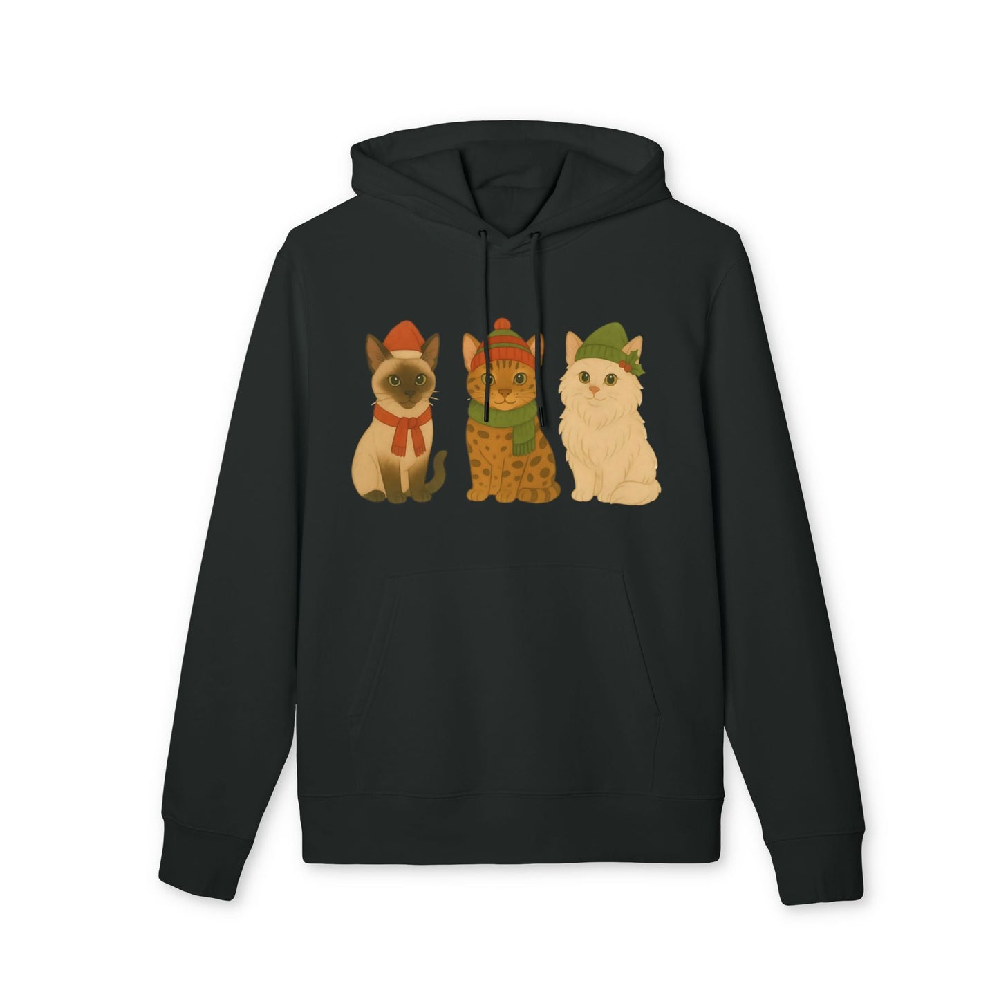 Three Little Cats Christmas Premium Unisex Hoodie black hoodie with three cats in festive winter hats and scarf graphic