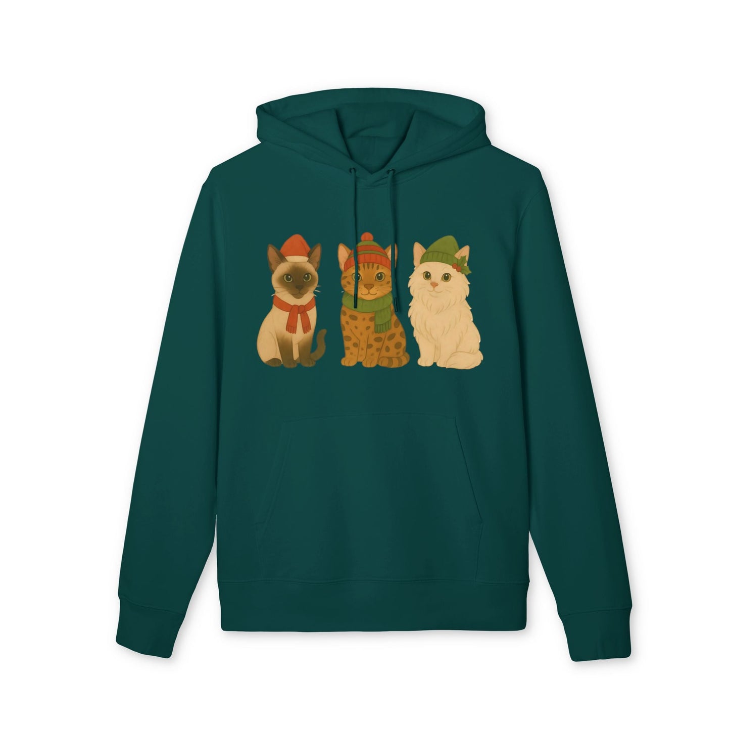 Three Little Cats Christmas Premium Unisex Hoodie en verde azulado con tres gatos navideños ilustrados en el pecho