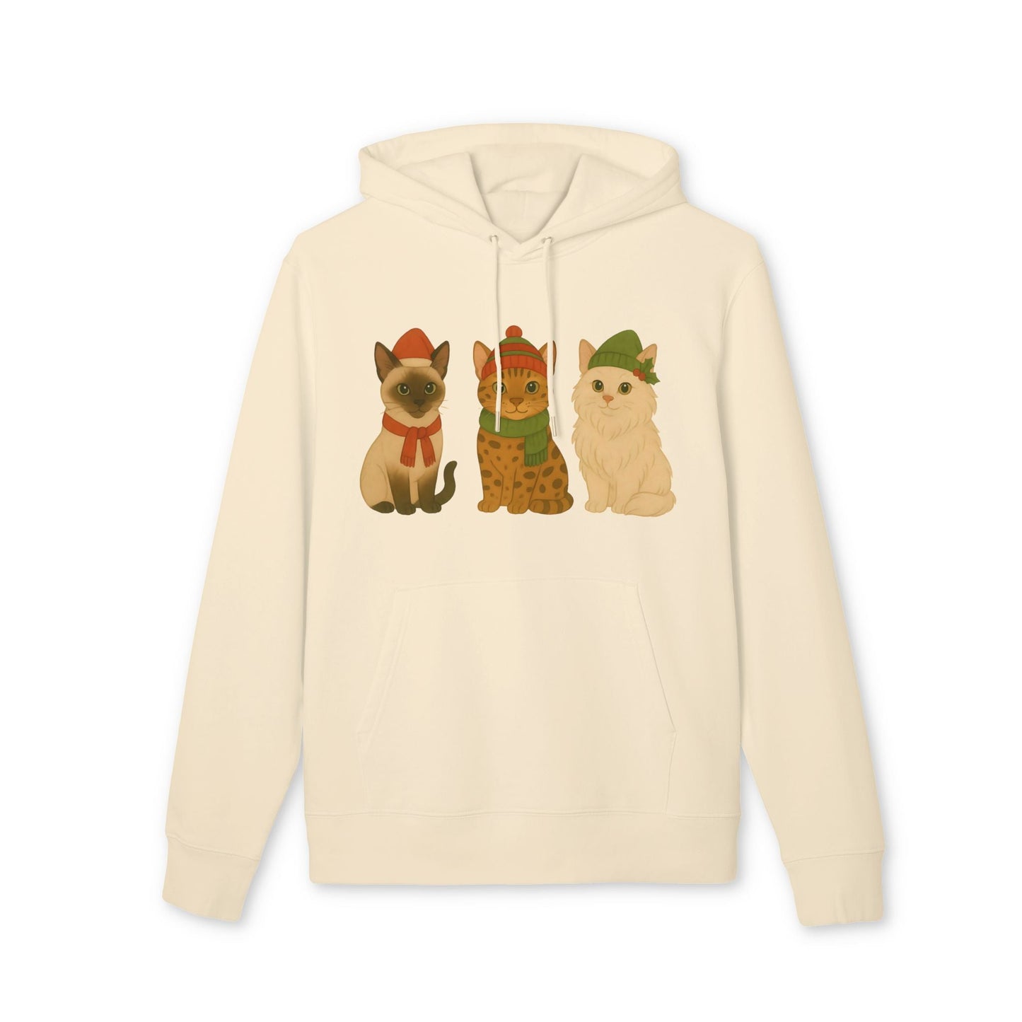 Alt Tag: Three Little Cats Christmas Premium Unisex Hoodie in cream with three cats wearing winter hats and scarf, festive Christmas design