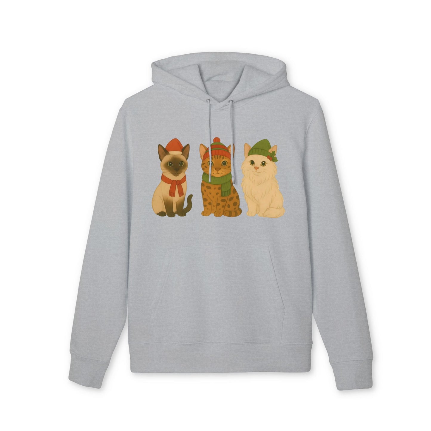 Alt Tag: Three Little Cats Christmas Premium Unisex Hoodie gris con ilustración de tres gatos festivos con gorros navideños