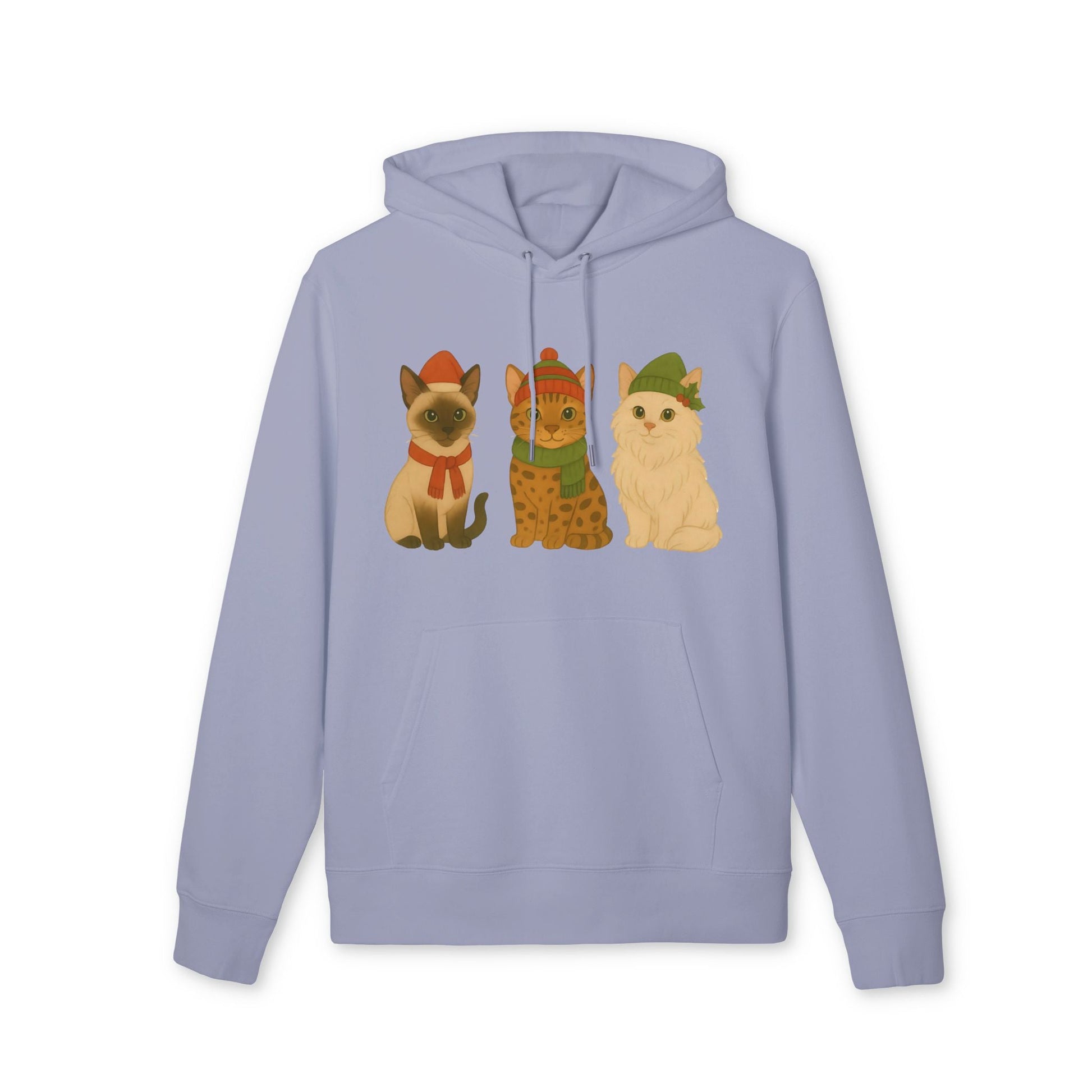 Alt Tag: Three Little Cats Christmas Premium Unisex Hoodie in light blue with three cats in winter hats Christmas graphic on front