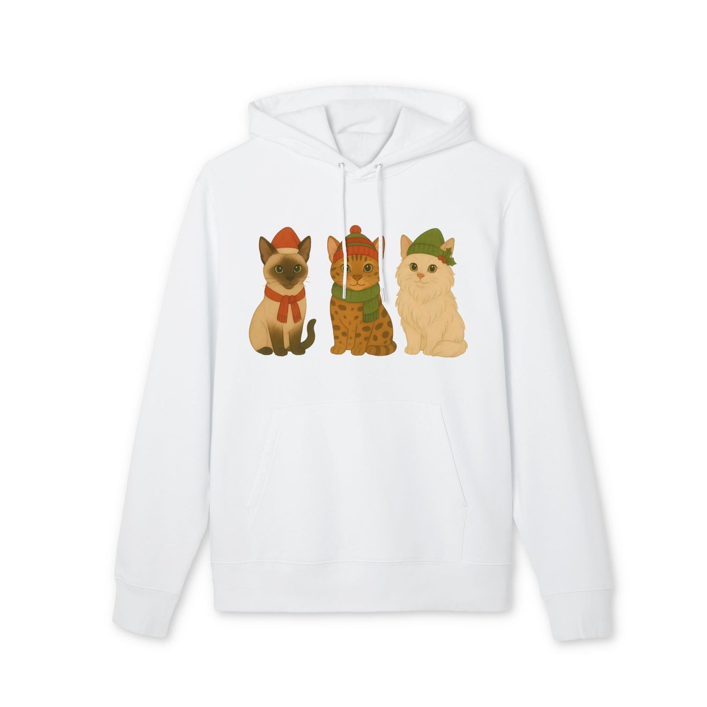 Three Little Cats Christmas Premium Unisex Hoodie blanco con ilustración de tres gatos festivos con gorros navideños en el frente