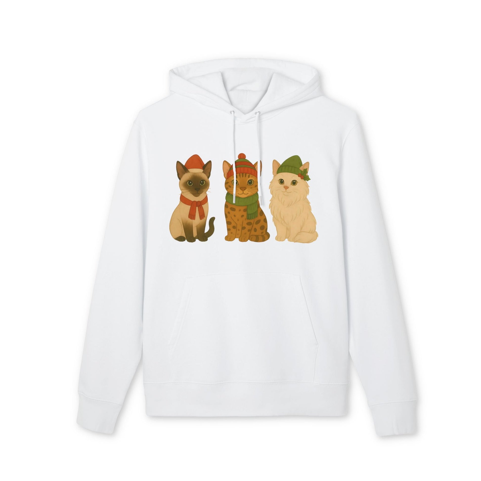 Three Little Cats Christmas Premium Unisex Hoodie blanco con ilustración de tres gatos festivos con gorros navideños en el frente