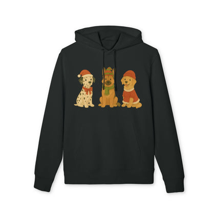 Alt Tag: Three Little Dogs Christmas Premium Unisex Hoodie negra con ilustración de tres perros con gorros navideños en el pecho