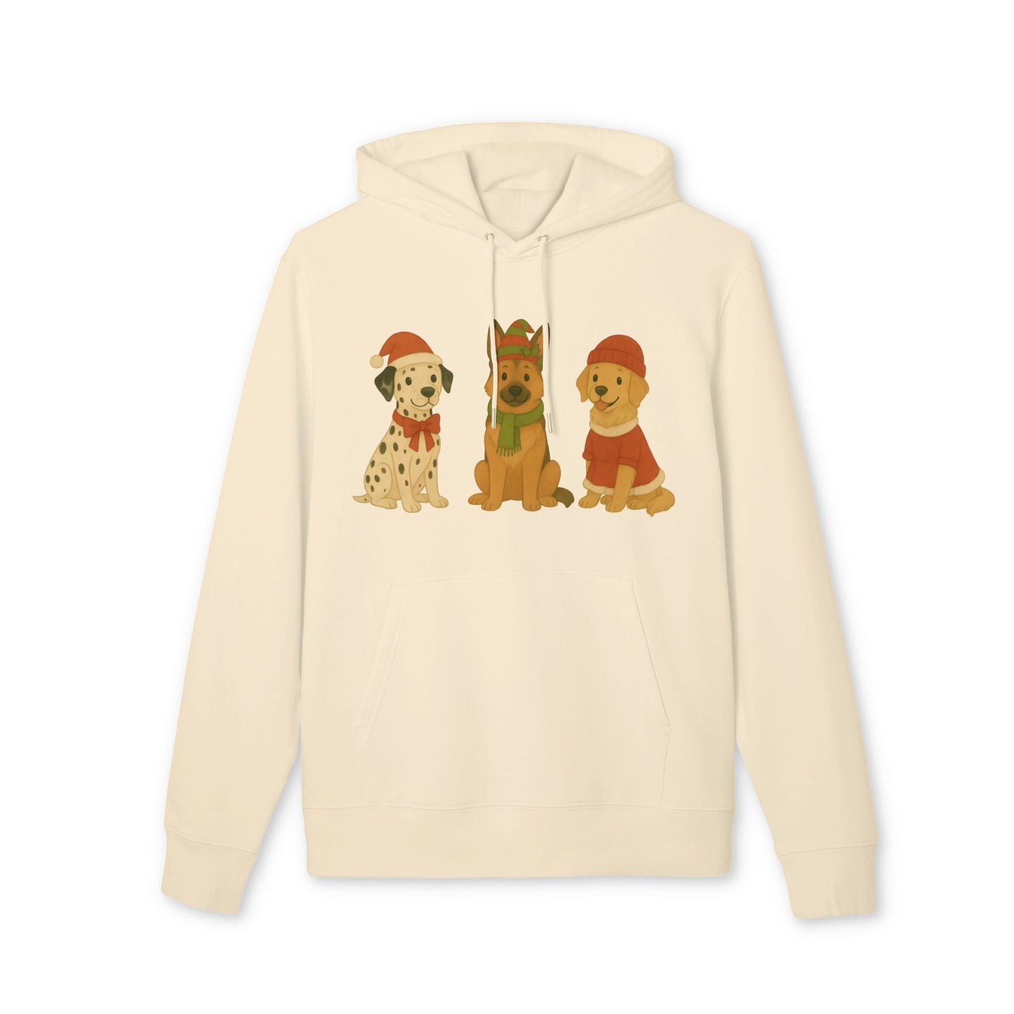 Alt Tag: Three Little Dogs Christmas Premium Unisex Hoodie en color crema con ilustración de tres perros navideños en el frente