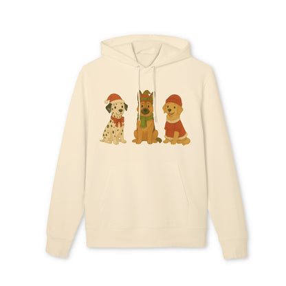 Alt Tag: Three Little Dogs Christmas Premium Unisex Hoodie en color crema con ilustración de tres perros navideños en el frente
