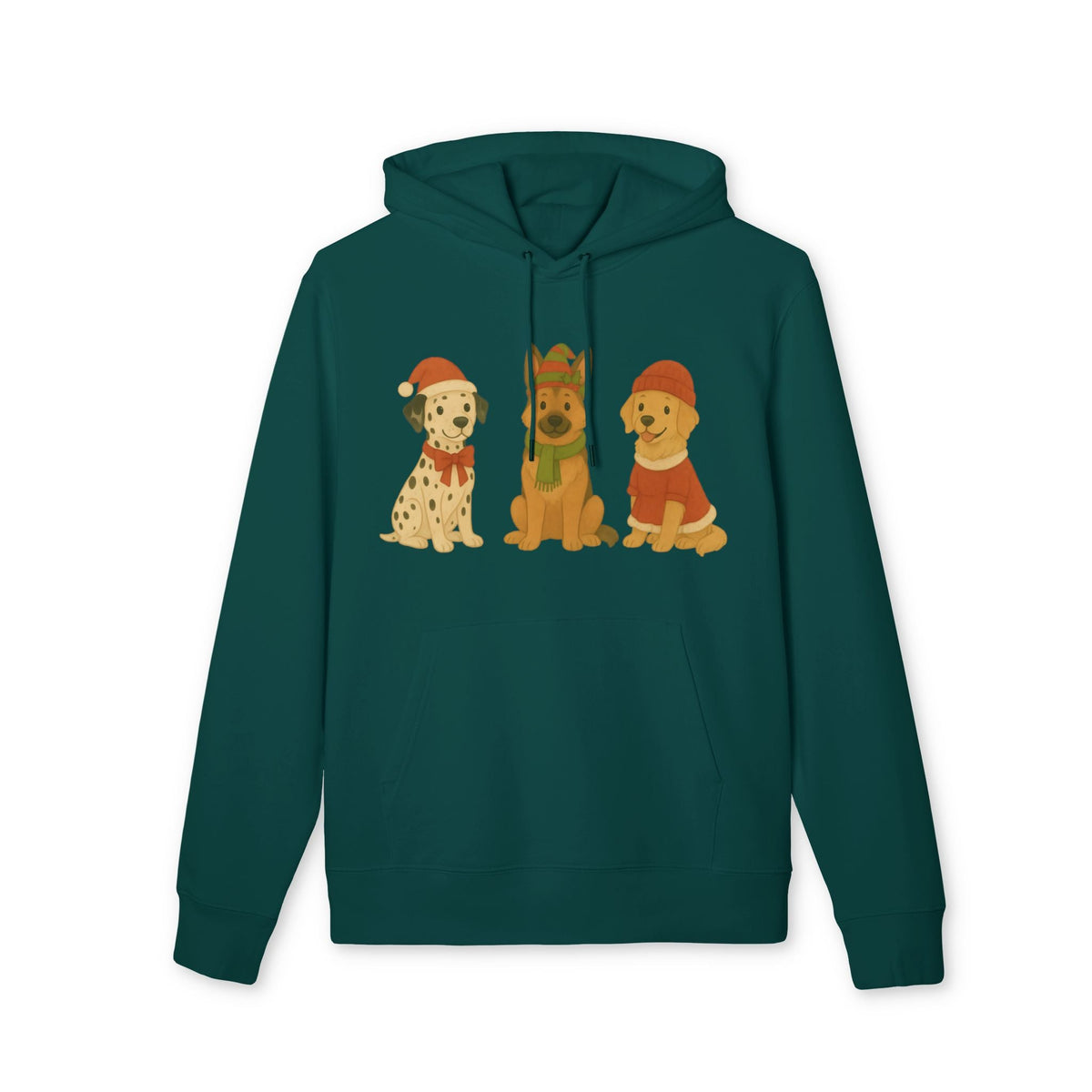 Alt Tag: Three Little Dogs Christmas Premium Unisex Hoodie in teal green with three cute dogs wearing Santa hats graphic