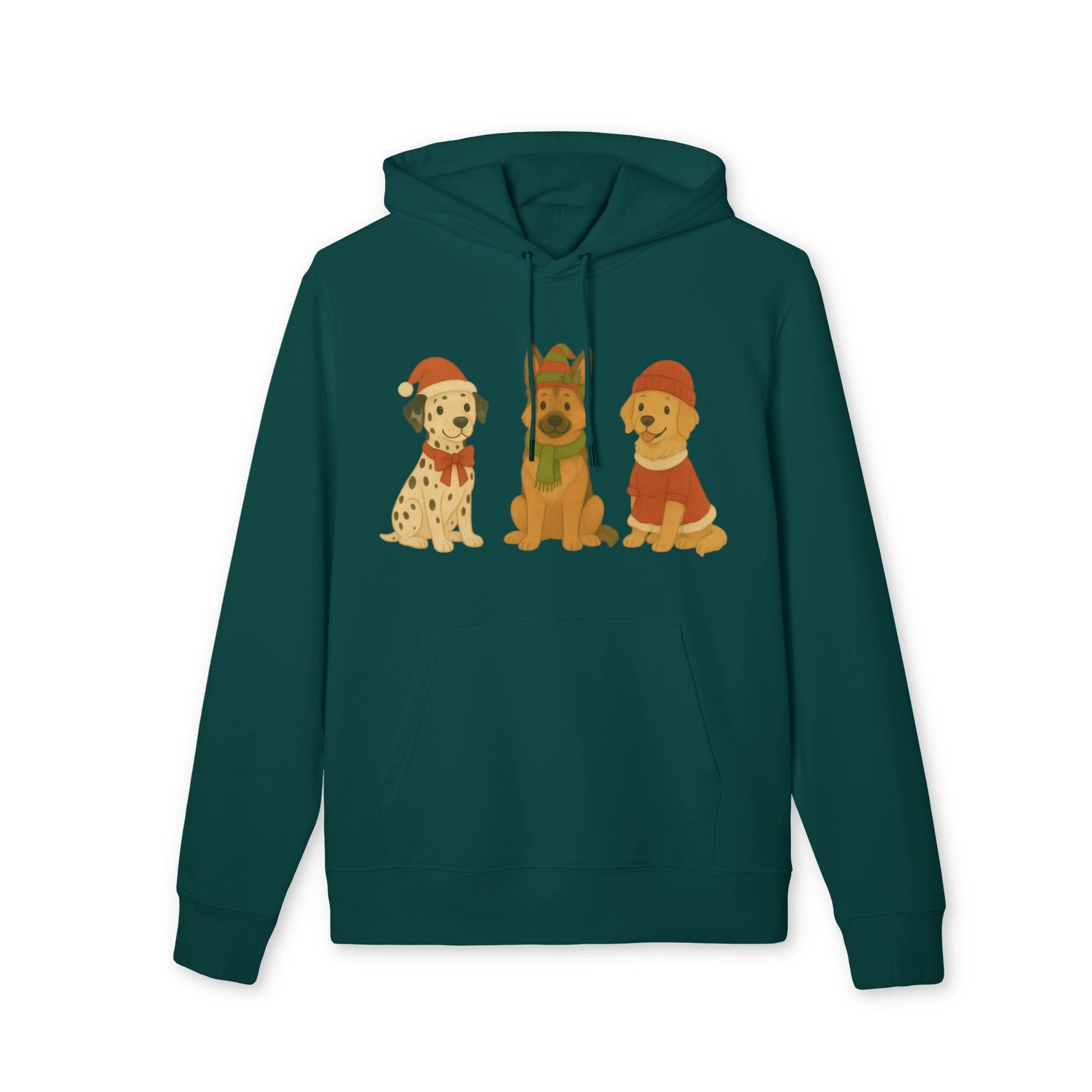 Alt Tag: Three Little Dogs Christmas Premium Unisex Hoodie in teal green with three cute dogs wearing Santa hats graphic