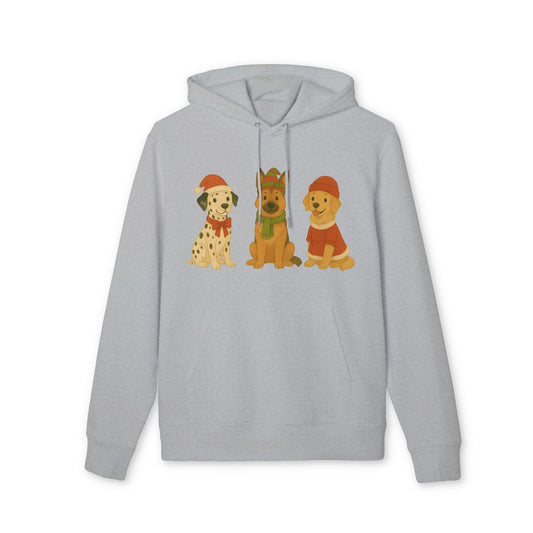 Three Little Dogs Christmas Premium Unisex Hoodie with festive cartoon dogs in Santa hats printed on light gray organic cotton pullover