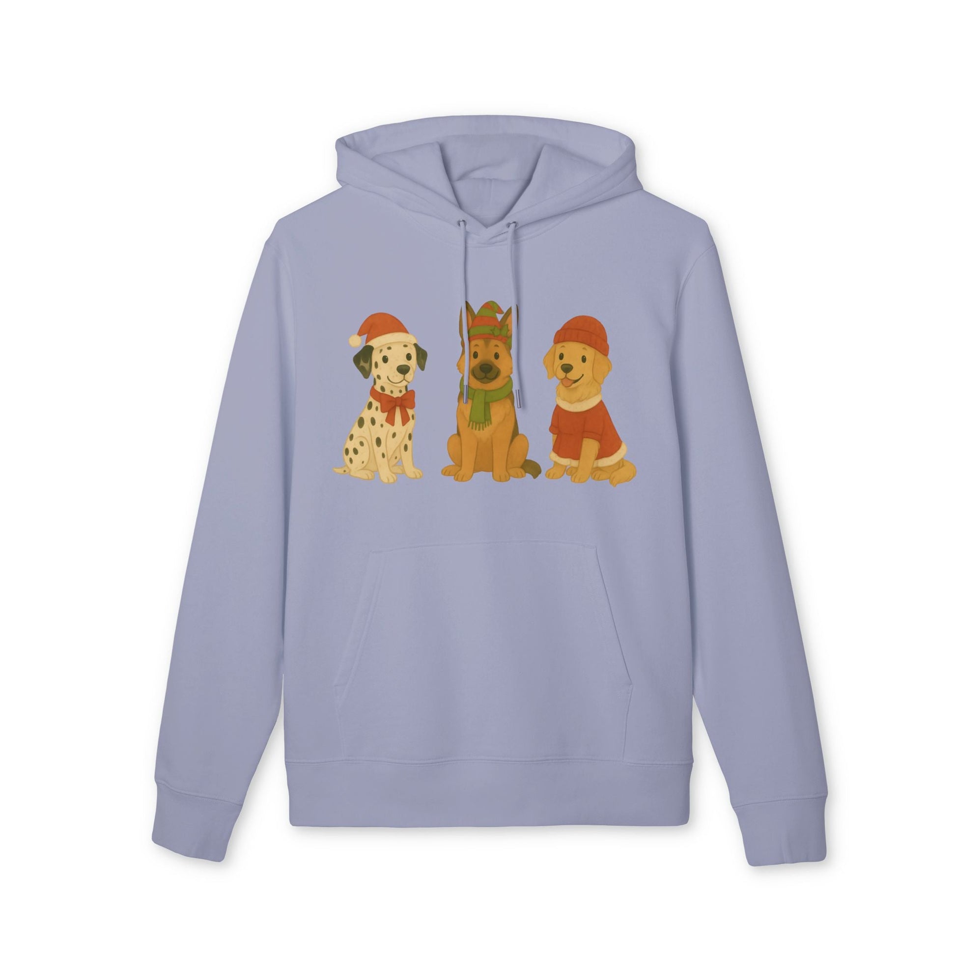 Three Little Dogs Christmas Premium Unisex Hoodie en color lila claro con ilustración de tres perros festivos con gorros navideños