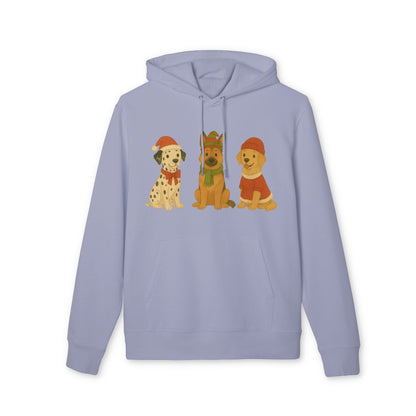 Three Little Dogs Christmas Premium Unisex Hoodie en color lila claro con ilustración de tres perros festivos con gorros navideños