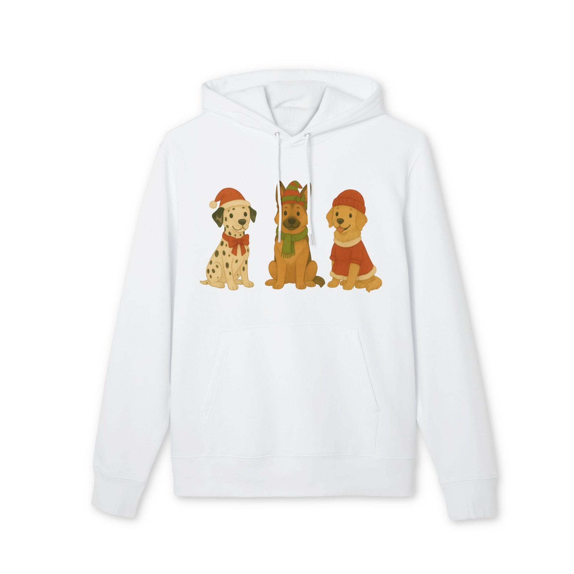 Three Little Dogs Christmas Premium Unisex Hoodie blanca con ilustración de tres perros festivos con gorros y corona navideña