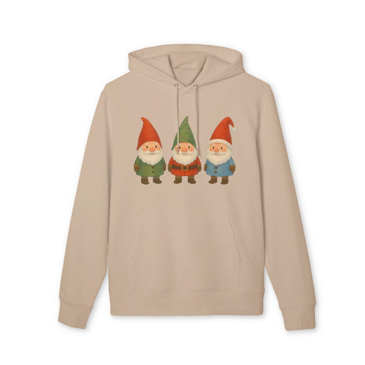 Alt Tag: Three Little Gnomes Christmas Sustainable Unisex Hoodie in beige with three festive gnomes graphic, organic cotton pullover